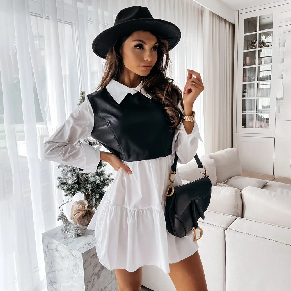 

2021 Spring Summer Fashion Synthetic Leather Patchwork Turn Down Collar Cloth Shirt Dress Long Sleeve Swing Mini Drees Vestidos
