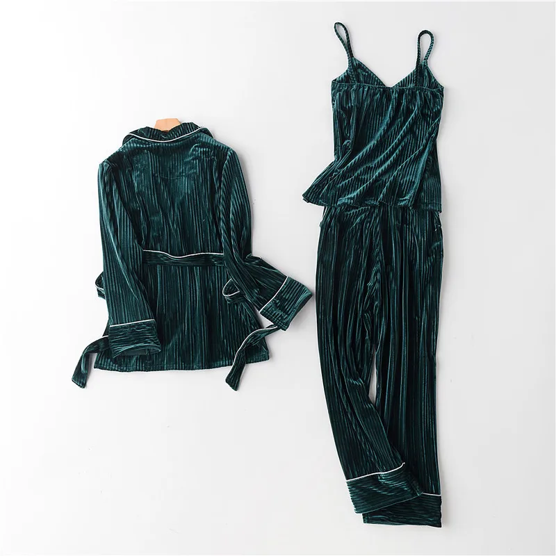 

Velour Pajamas Set Korean Version 3PCS Sleepwear Pijamas Suit Autumn Winter Women Sleep Set Green Casual Bathrobe Homewear