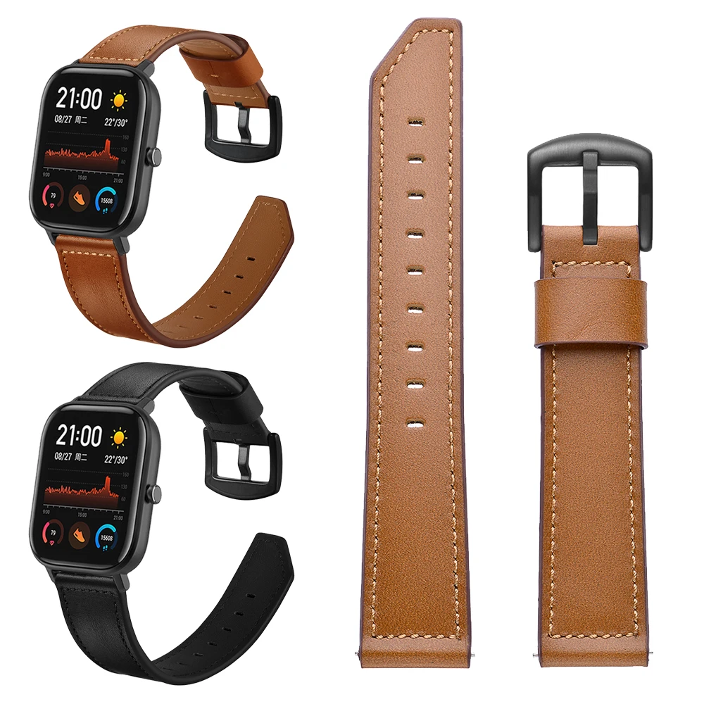 Кожаный ремешок для браслета Xiaomi Huami Amazfit GTS / Bip lite GTR Stratos 3 коричневый черный 22/20