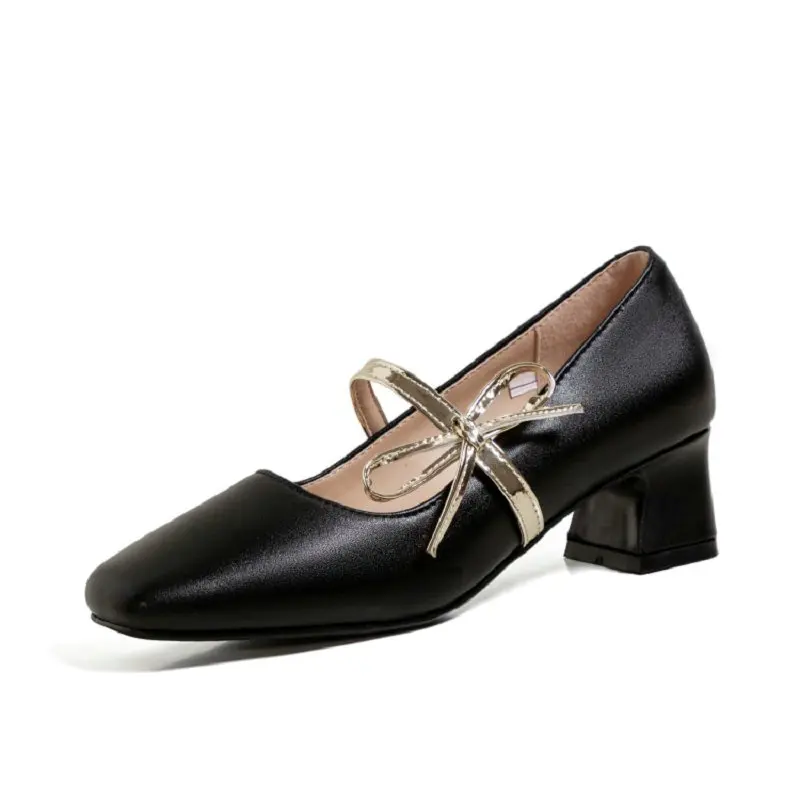 

ZawsThia Chic Popular Round Toe Elegant Comfortable Womens Working Shoes Chunky Med Heels Mary Janes With Butterfly Knot Pumps