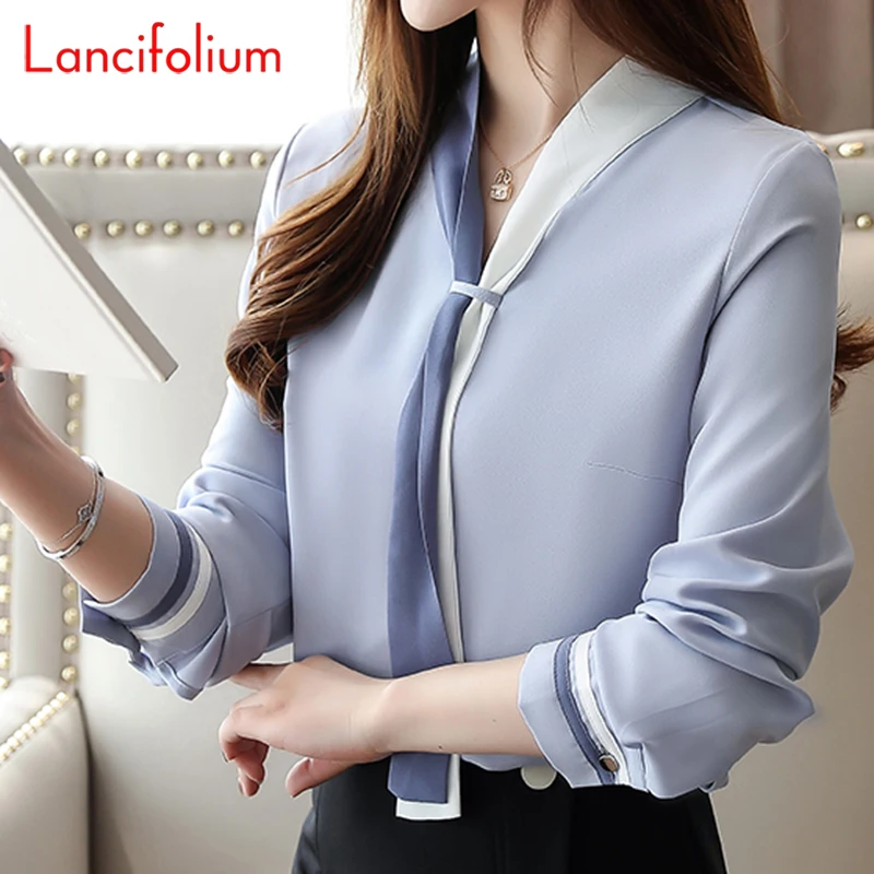 White Chiffon Blouse Women Korean Fashion Spring Long Sleeve Office Blouse Ladies Chic Casual Front Tie Tops Vintage Shirts 2020