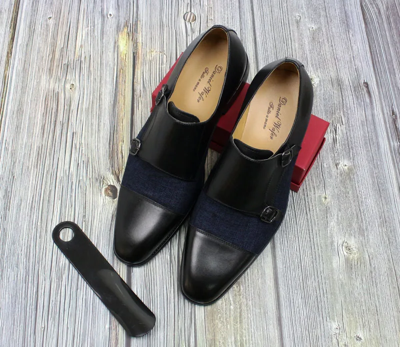 DANIEL WAFER Brand Designer Monk Strap Mens Dress Shoes Genuine Leather With Denim Black Brown Wedding Party Dress Shoes Men