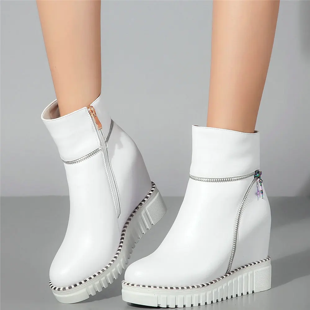 Platform Pumps Shoes Women Genuine Leather Wedges High Heel Ankle Boots Female High Top Round Toe Fashion Sneakers Casual Shoes