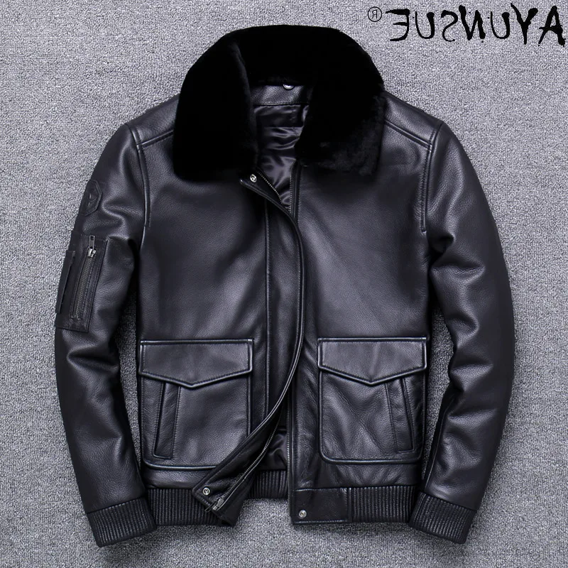 

Men's Genuine Cowhide Leather Jacket Men Clothing New Warm Real Wool Fur Collar Motorcycle Clothes Ropa Hombre LXR962
