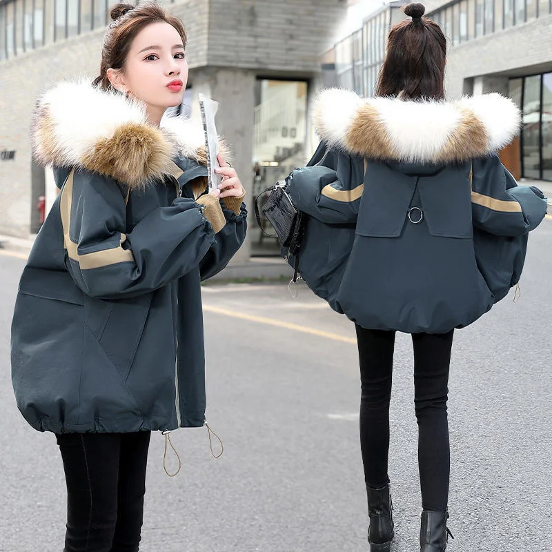 Women Winter Thicker Parkas Jacket 2022 New Korean Fashion Tooling Coat Color Block Fur Collar Jacket Trend Female Warm Jackts