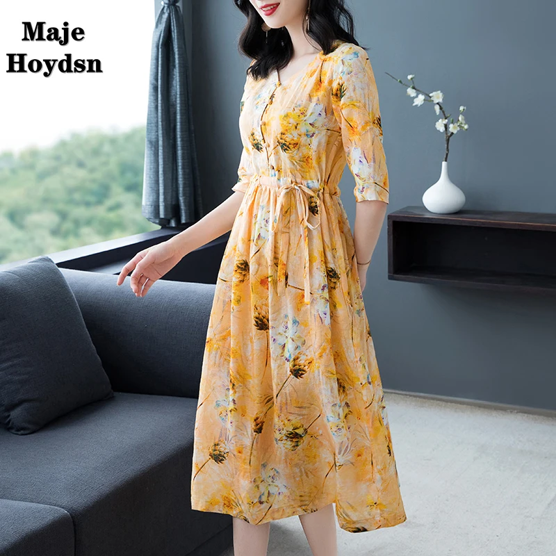 

Платье Maje Hoydsn женское из хлопка и льна, литературное платье с тонким точечным рукавом, свободная льняная юбка средней длины, лето 2021