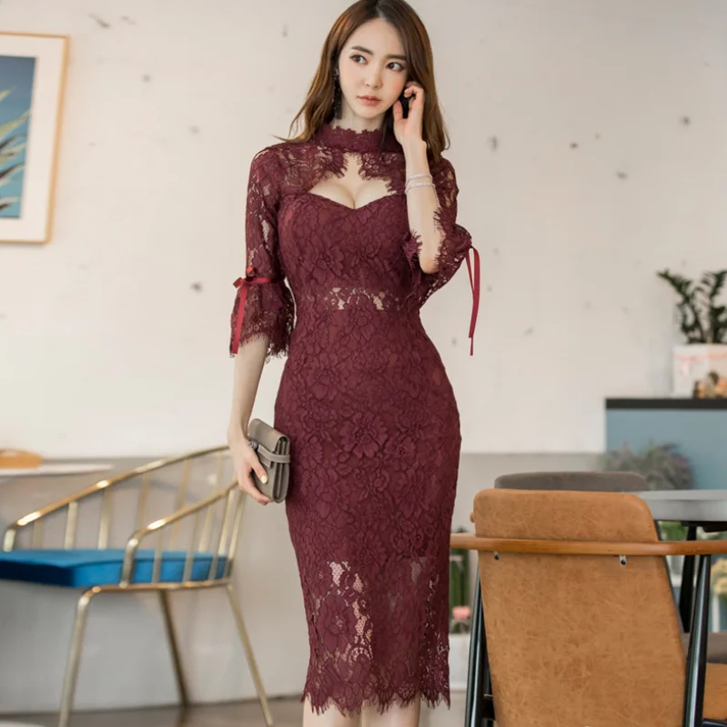 2019 осеннее кружевное платье сексуальное элегантное одноцветное с расклешенными