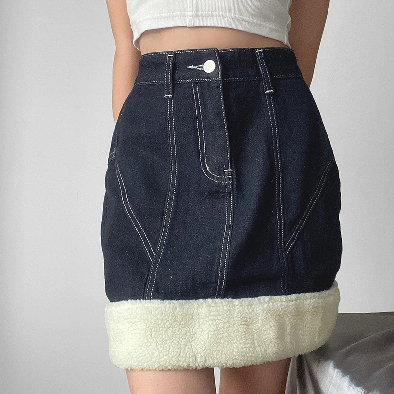 

Retro Spring 2021 New Lamb Hair Splicing High Waist Slim Denim Short Skirt Women Sexy Women's Jeans Skirt Winter Fashion