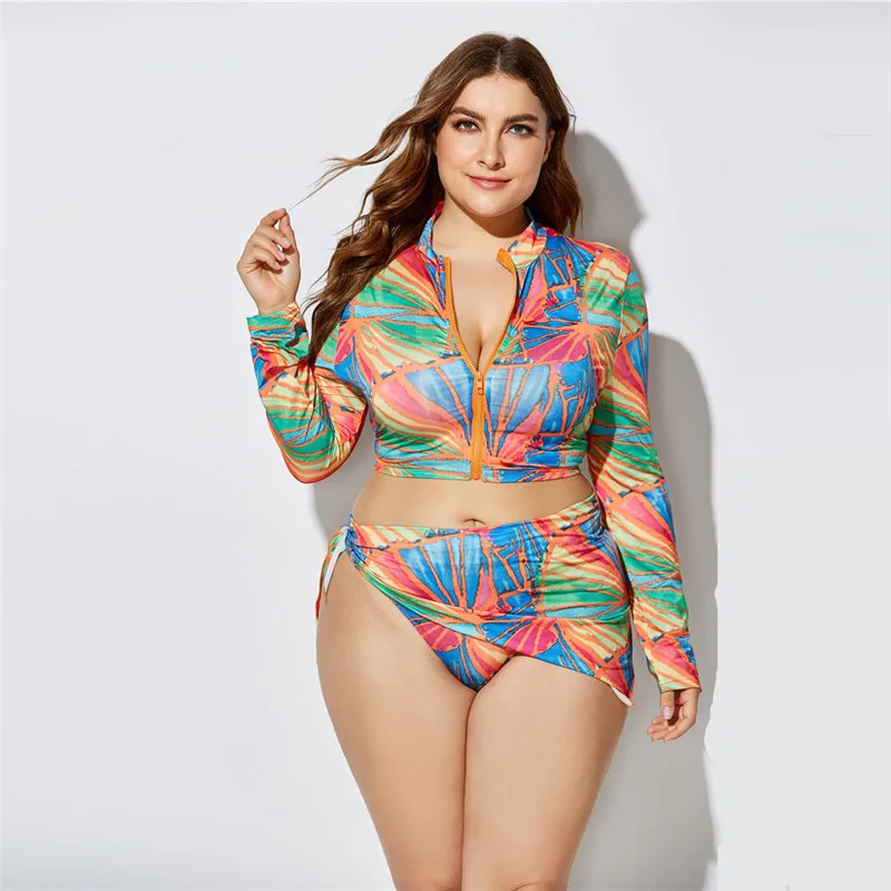 Женский купальник с высокой талией и принтом Раздельный размера плюс 5XL длинным