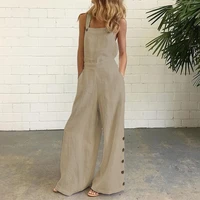 summer women solid jumpsuits fashion sleeveless backless strap bodysuit elegant casual button pockets cotton and linen playsuits
