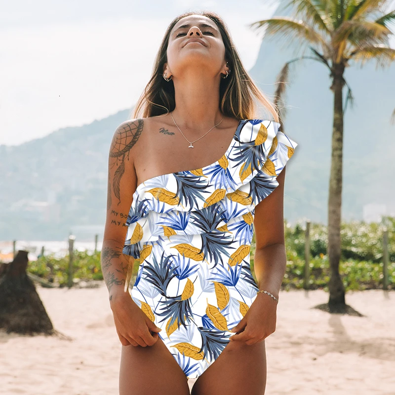Бикини с рюшами и принтом летний купальник для женщин сексуальный Одноцветный