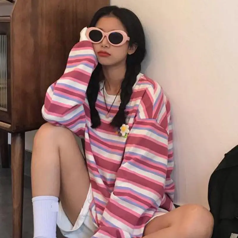 Женские розовые в полоску Футболки с длинными рукавами для девочек хлопковые