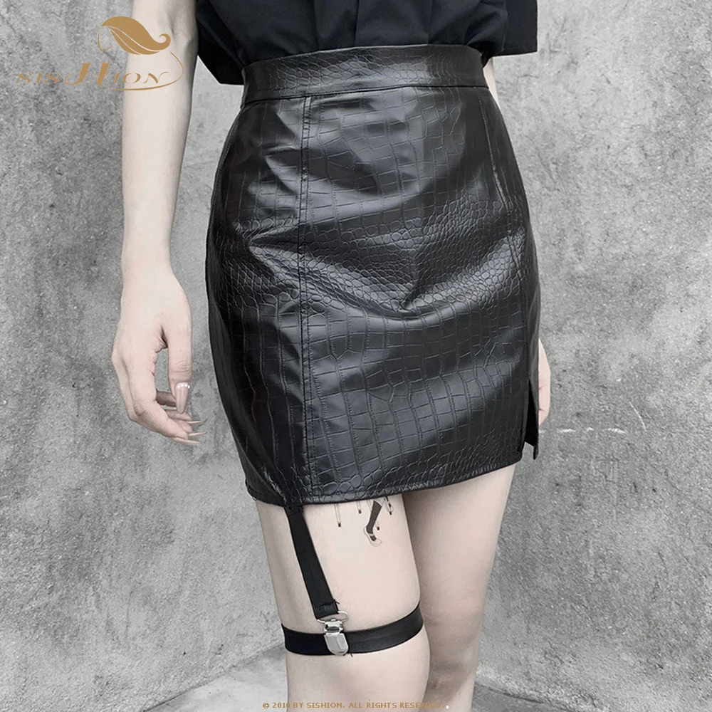 

SISHION Gothic High Street Women Black Faux Leather Skirts With Circle 2022 Spring High Waist Sexy Lady Pencil Skirt SP1728