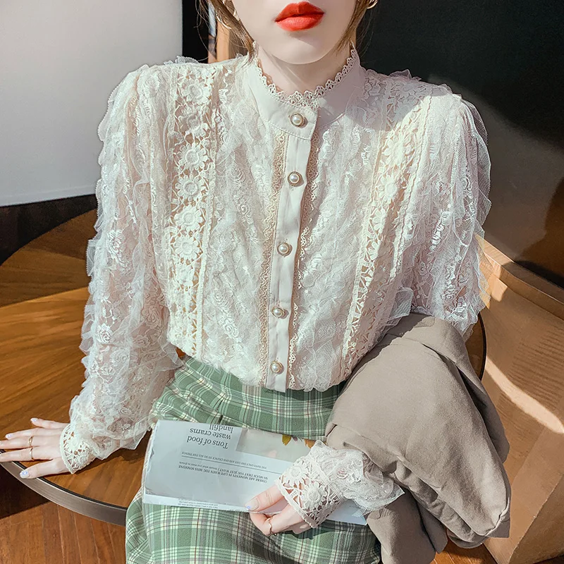 

2021 Fall French Style Lace Women's Blouse Fashion Elegant Patchwork Shirt Female Long Sleeve Floral Blouses Lady