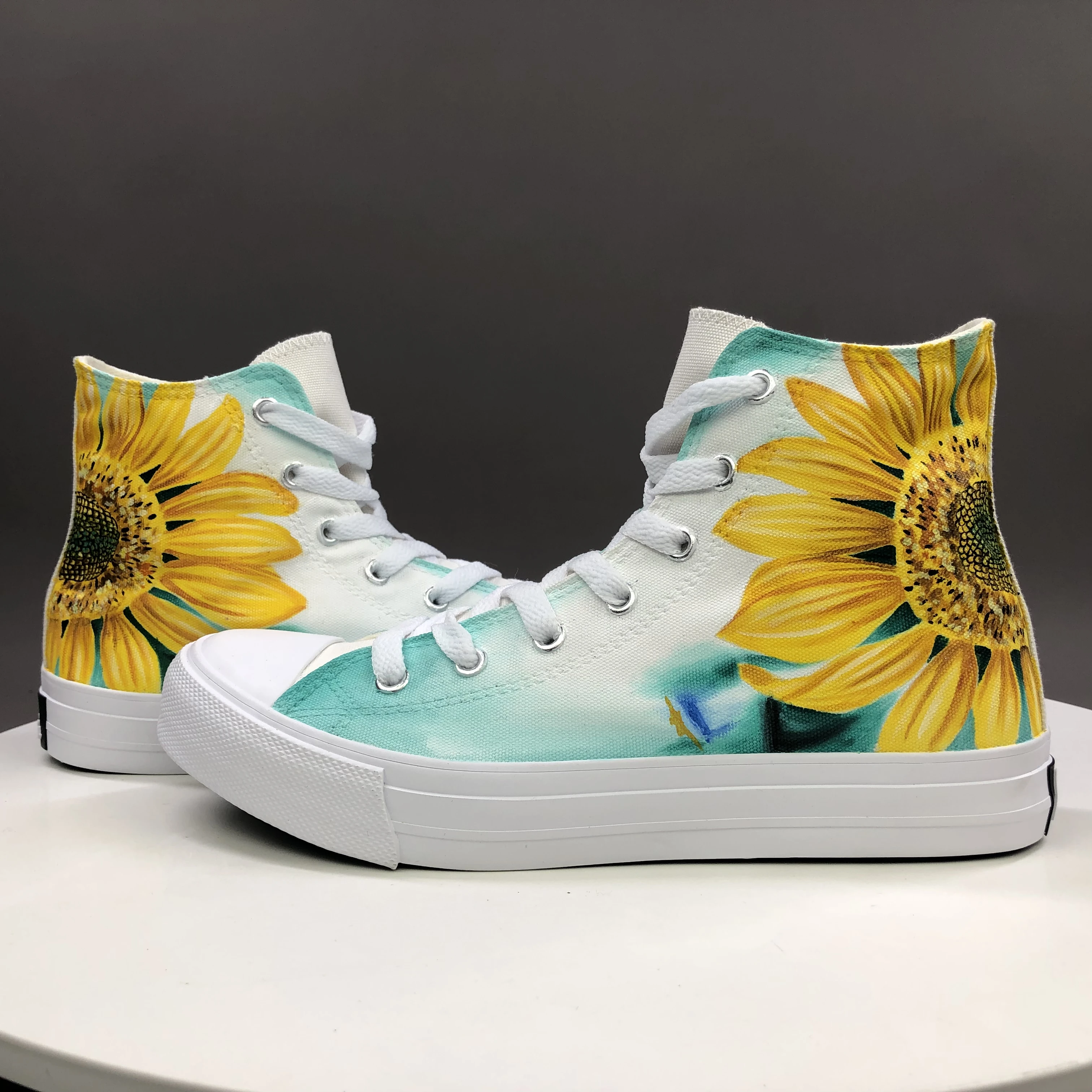 

Wen Original Design Sunflower Hand Painted Shoes Floral Painting Canvas Sneakers Plimsolls Lacing Casual Flat High Help Loafers