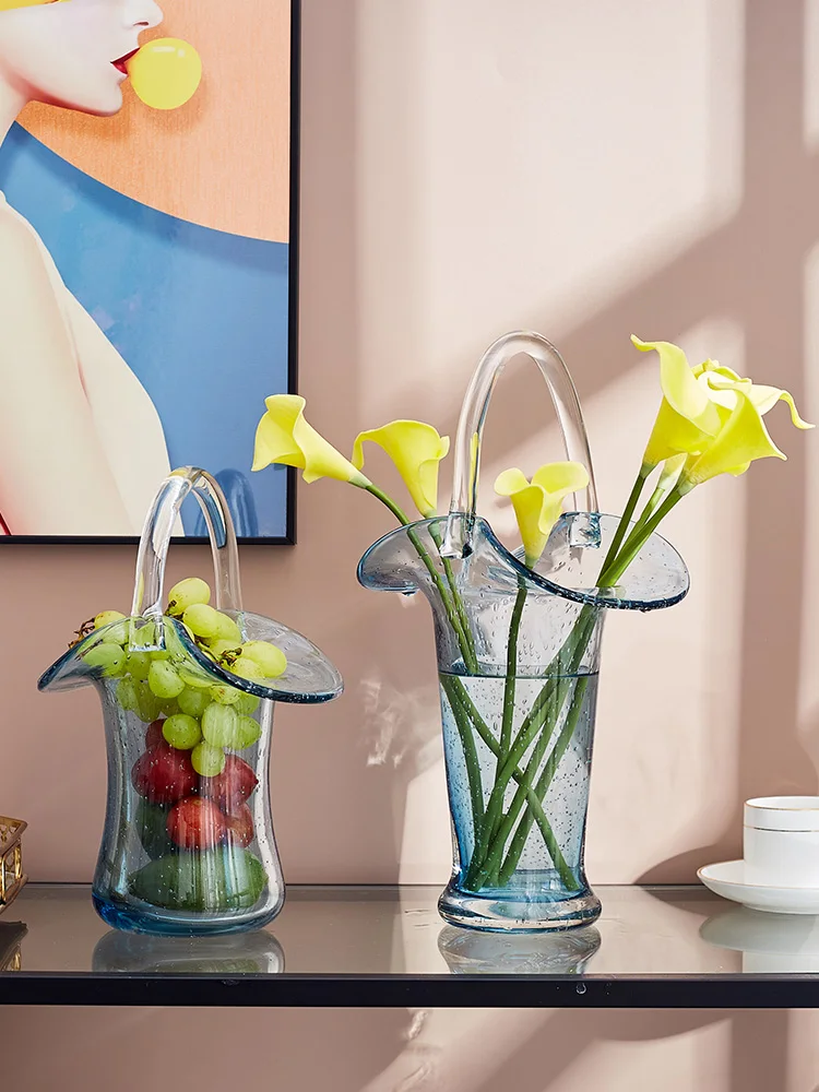 

Nordic Luxury Portable Glass Vase Transparent Basket Bag Vases Ornaments Creative Fish Tank Home Decor Flower Vase Accessories