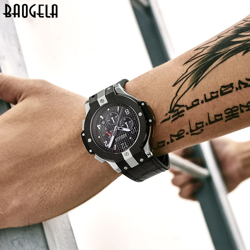 BAOGELA marque hommes montre Quartz ou bande caoutchouc 3ATM résistant A l'eau chronographe 1909|Кварцевые мужские часы| |
