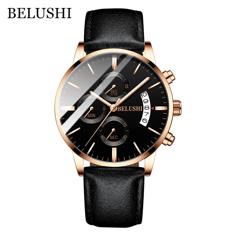 Leather Gold Black Мужские часы от роскошного бренда BELUSHI, высококачественные мужские деловые повседневные часы, мужские водонепроницаемые спортивные кварцевые наручные часы relogio masculino - Цвет: Leather Gold Black
