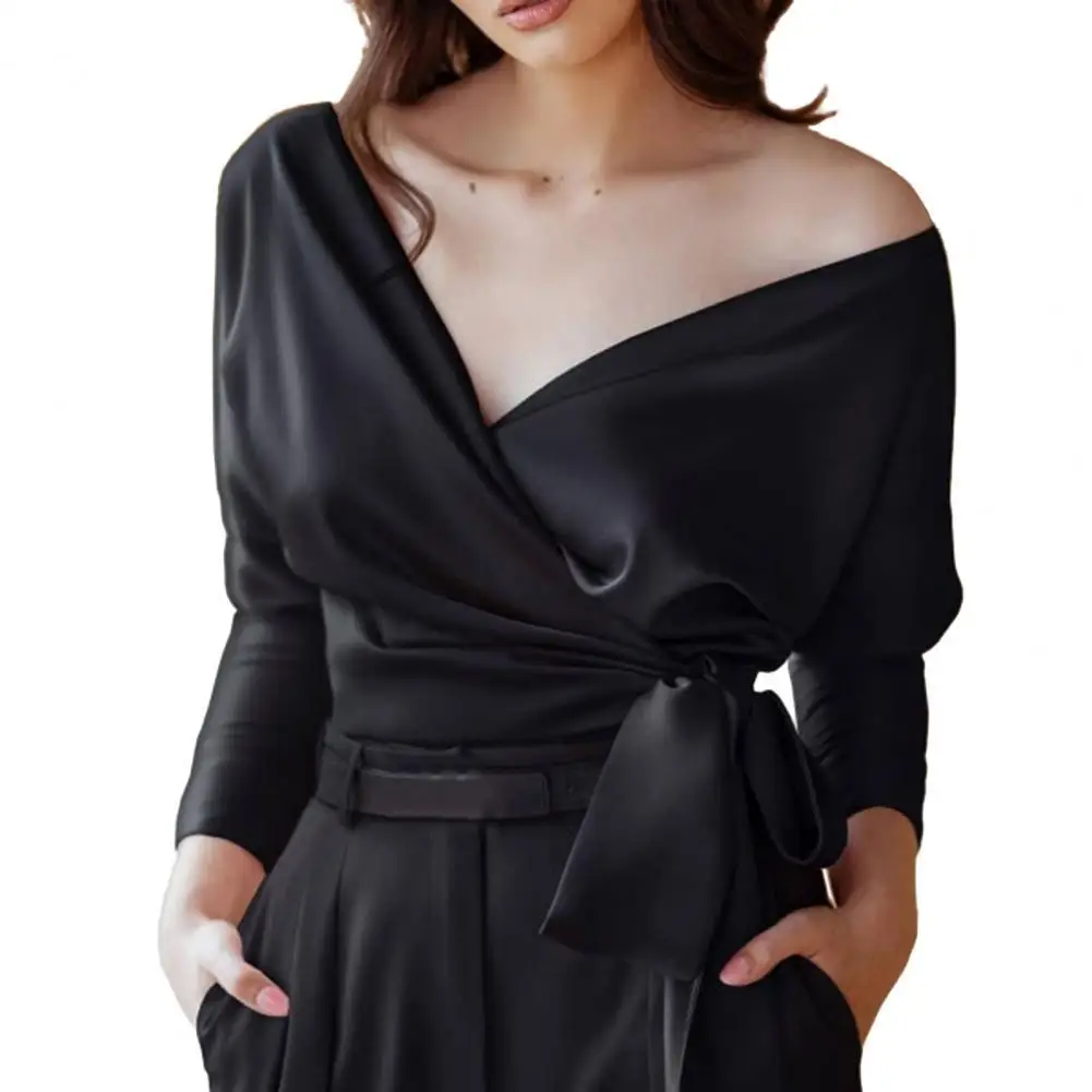 

Elegant Ladies Blouses Shirt V Neck Solid Color Satin Women Blouse 2021 Fashion Long Sleeve Lace-up Sexy Top blusas Autumn