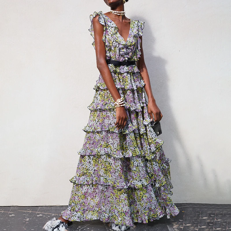 Женское винтажное платье с оборками облегающее макси без рукавов многоярусным