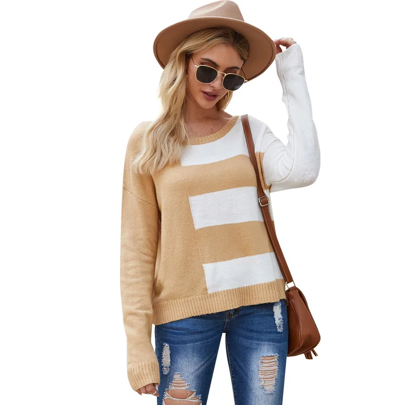

2021 Autumn and Winter New Long Sleeve T-shirts Round Neck Pullover Sweater Striped Contrast Color Knitted Bottoming Shirt