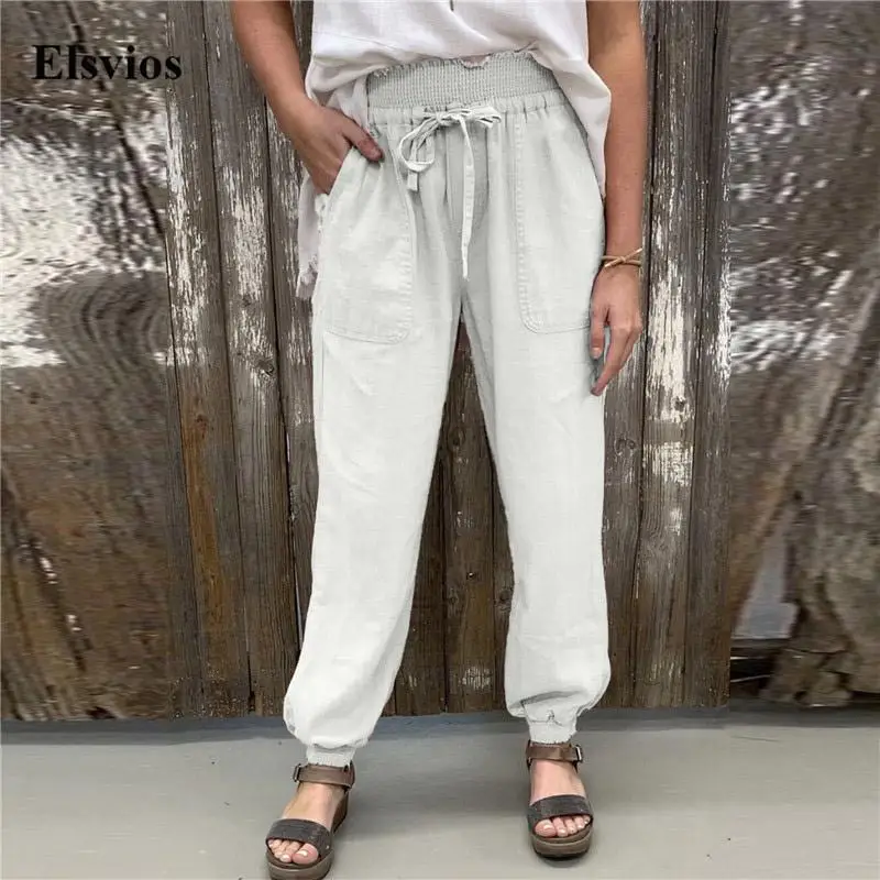 

Women Solid Casual Loose Trousers Female Elegant Pockets Leisure Pants Fashion Elastic High Waist Lace-Up Long Pants Streetwear