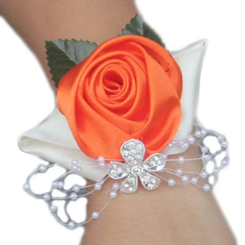 

Handmade Satin Rose Wrist Corsage Wedding Prom Party Bridesmaid Bridal Wrist Flower Faux Pearl Beaded Stretch Bracelet Wristband