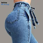 Джинсы женские с завышенной талией, винтажные облегающие эластичные брюки из денима, облегающие бандажные штаны с бахромой, с эффектом пуш-ап