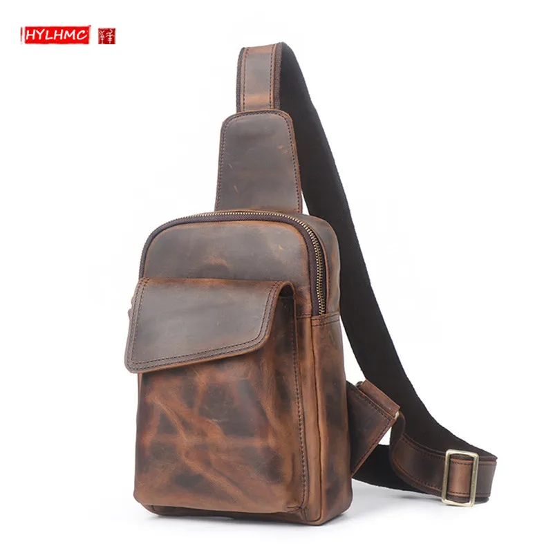 New Vintage Leather Men's Chest Bag Male Cowhide Genuine Leather Packs Casual Shoulder Messenger Bags Men Travel Bag 2021