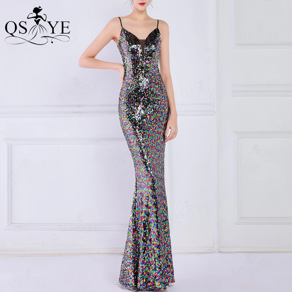 

Colorful Sequin Black Evening Dresses Deep V Neck Shiny Prom Gown Spaghetti Straps Party Formal Dancer Sparkle Prom Dress Chic