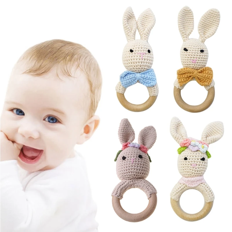 

Baby Wooden Teether Ring DIY Crochet Bunny Rattle Soother Bracelet Infant Teething Molar Play Toys