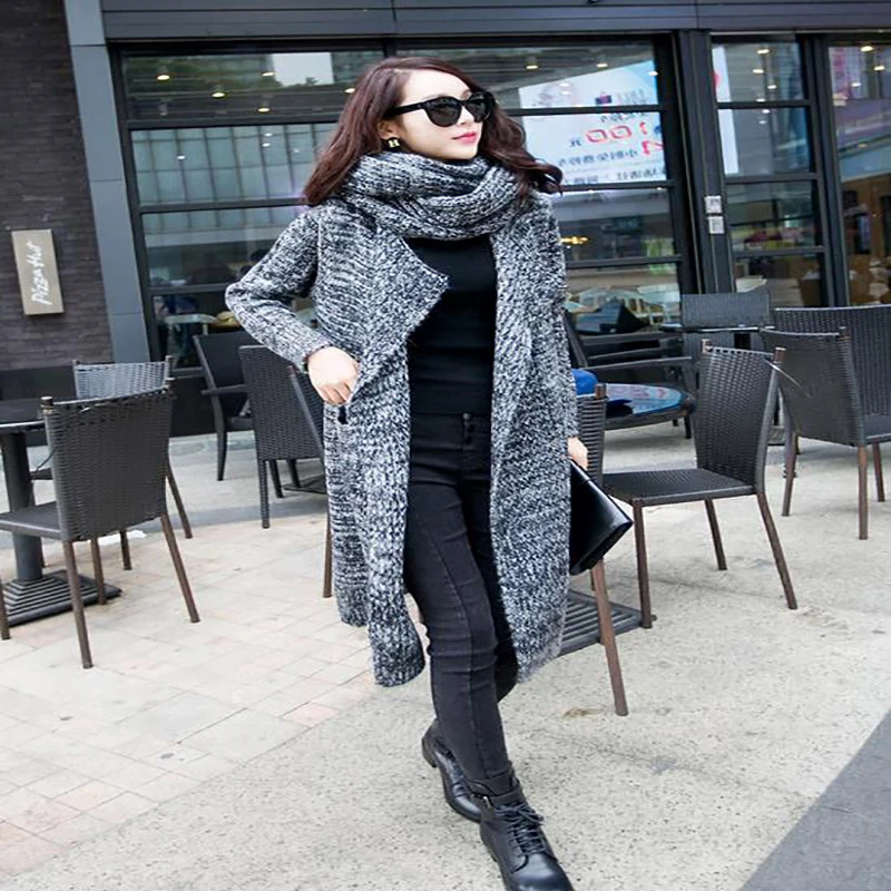 

2021 autumn and winter clothing women's scarf shawl large lapel mid-length slim knit sweater cardigan jacket