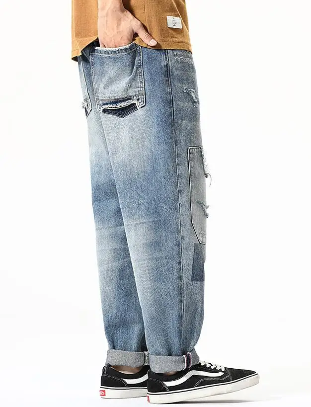 Retro Ripped Jeans Youth Men Loose Straight Casual Denim Pants Brand Patch Ankle-Length Jeans