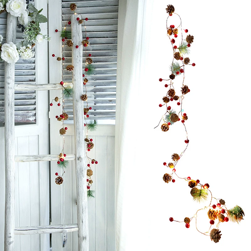 Рождество сосновые шишки ветка красные бусины звезды светодиодный свет шнура