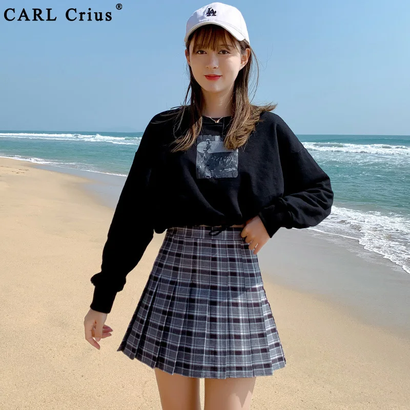 

CARL Crius Plaid Autumn Women Skirt 2020 High Waist Stitching Student Pleated Skirts Women Cute Sweet Girls Dance Mini Skirt