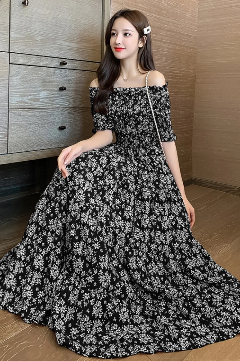 

Women's Vintage Floral Printed Long Dresses for Women 2021 New Sexy Slash Neck Off The Shoulder Chiffon Floral Dress Slim Summer