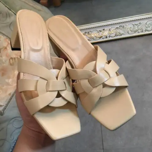 Тапочки женские на высоком каблуке открытый носок брендовые Уличная обувь