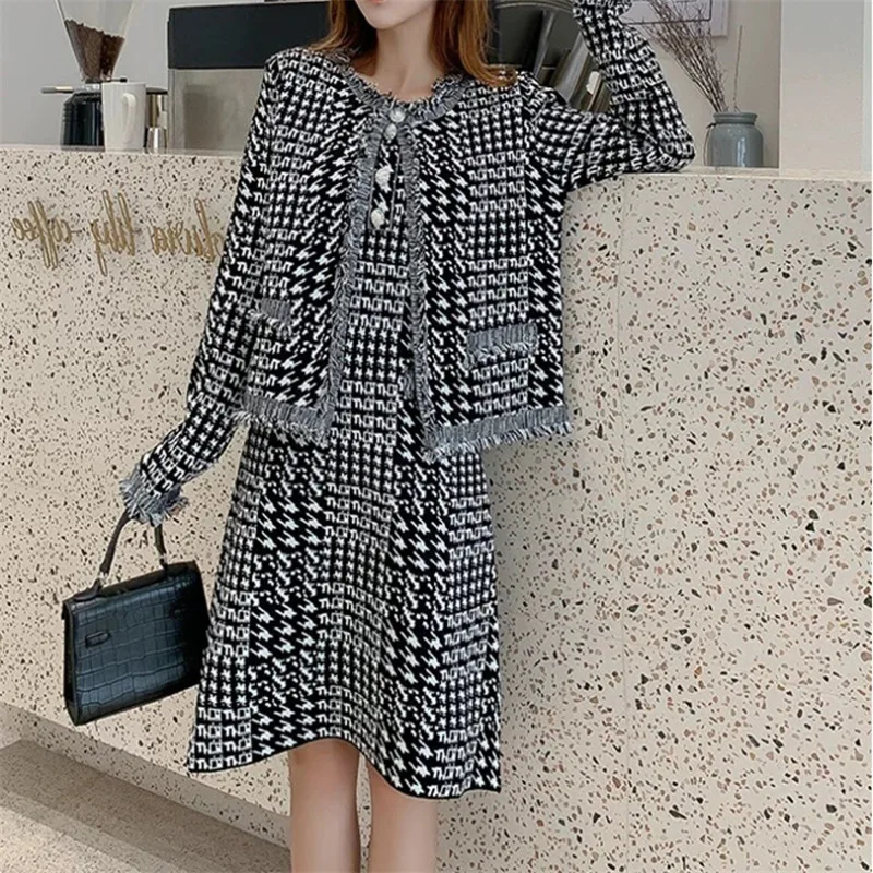 

Женский костюм-двойка, элегантный облегающий костюм из двух предметов, короткая куртка и платье для работы в офисе, новый стиль