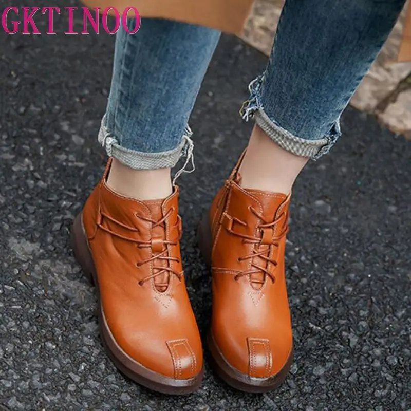 Женские ботинки из натуральной кожи на меху со шнуровкой и круглым носком