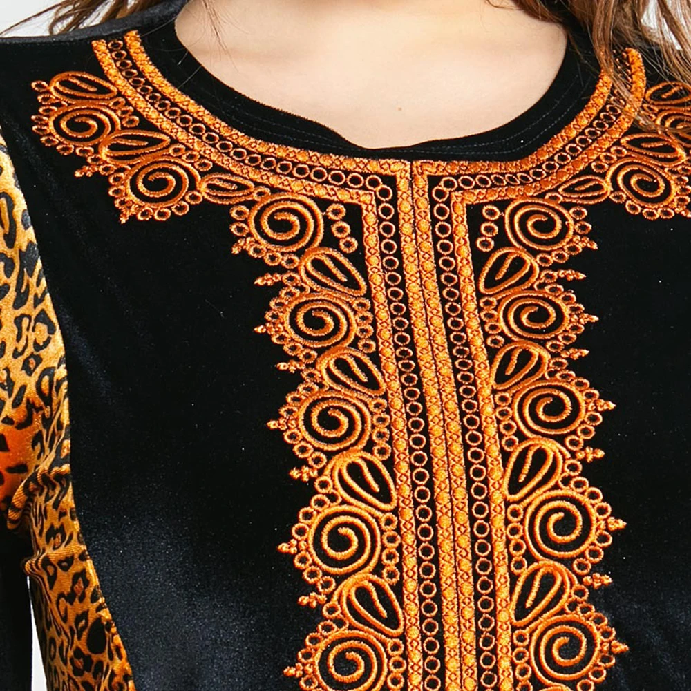 

Plus Size Muslim Velvet Long Dress Embroidery Leopard Printed Autumn Winter Ethnic Abaya Islamic Kaftan Turkish Mubarak