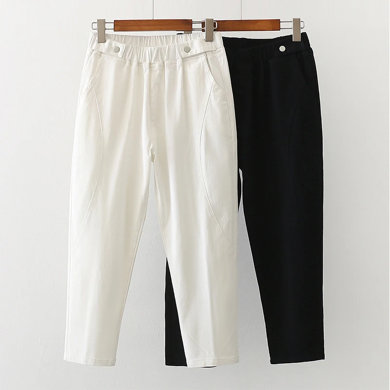 

100% Cotton Women Casual Harem Pants New 2021 Spring Simple Style Elastic High Waist Female Ankle-length Pants Plus Size W182