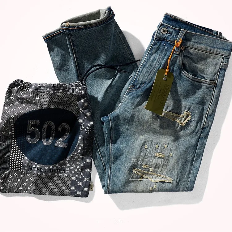 

Autumn and Winter Thick Heavyweight Elastic Denim Jeans Men's Fashion Retro Patch Washed Old Light Blue Casual Straight Pants