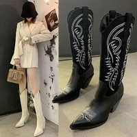 women boots 2021fashion ladies western cowboy boots embroider pointed shoes slip on ankle mid calf platform non slip female
