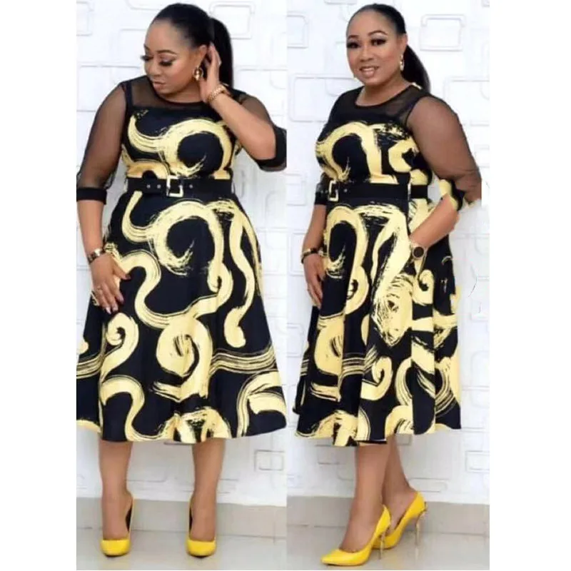 

African Clothes Mother Fashion Party Slim Bodycon Mesh 3/4 Sleeve Elegant Women Dress Office Ladies Modest Work Wear Dress