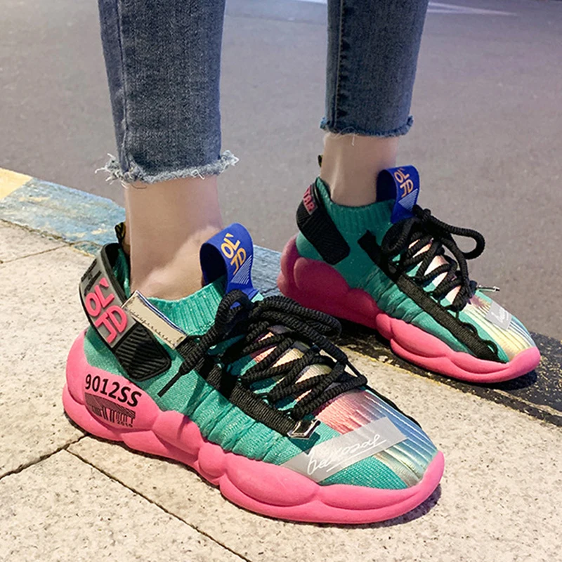 Женские дышащие кроссовки Flyknit; Повседневная обувь для бега и занятий теннисом; прогулочная обувь с высоким низким верхом