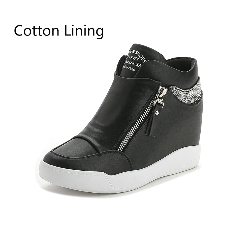 black cotton lining Dumoo/осенне-зимняя обувь; женские кроссовки; женские теплые плюшевые белые/черные кроссовки на платформе и высоком каблуке; zapatillas mujer - Цвет: black cotton lining