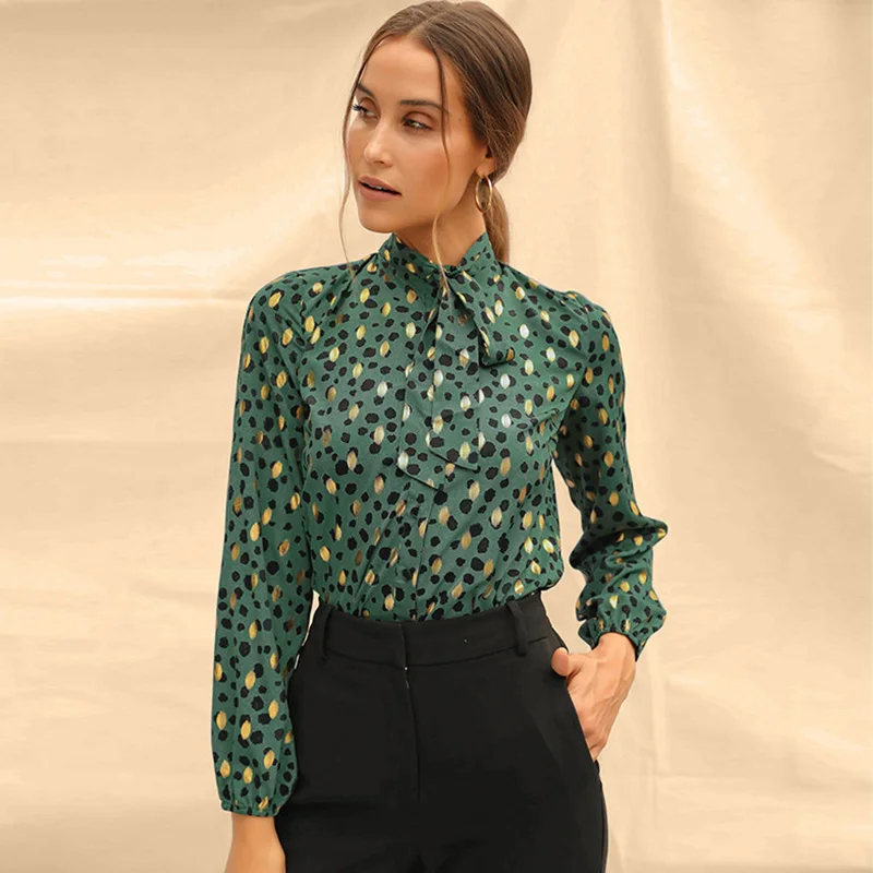 

Women New Fashion Elegant Chiffon Print Blouses Long Sleeve Bow Shirt Office Blouse Loose Casual Female Pullover Top