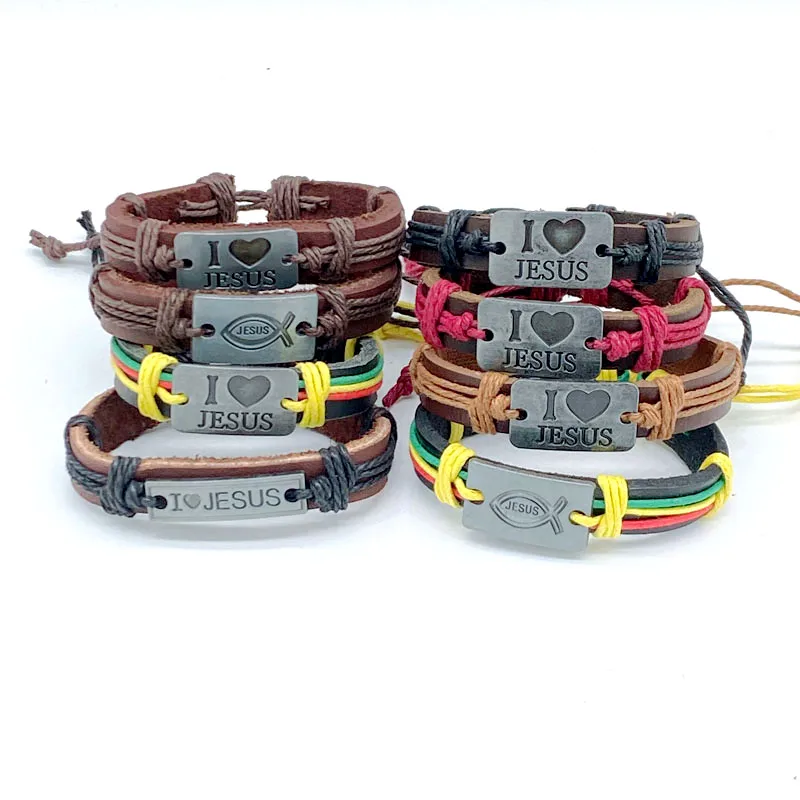 

I Love Jesus Alloy Multilayer Leather Rope Braided Handmade Punk Charm Bracelets Colorful Religious Jewelry For Women Men