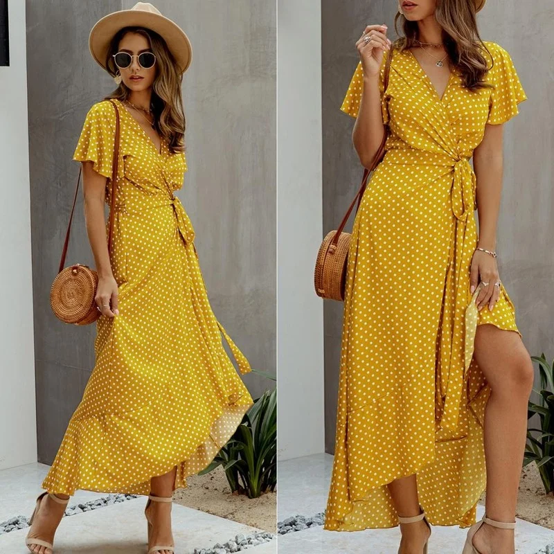 

2021 Fashion Polka Dot Floral Ladies Dress New Ladies Beach Summer Dress Casual Ladies Dress Sexy Ruffle Short Sleeve Dress