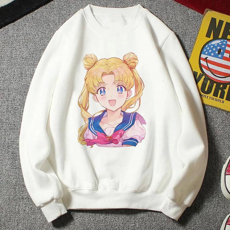 Новая толстовка женская Kawaii Мода плюс размер повседневная одежда Harajuku Мультфильм Ulzzang стиль Сейлор Мун Толстовка забавная половина Толстовка